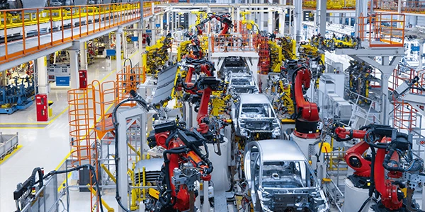 Many machines in the factory are manufacturing cars.