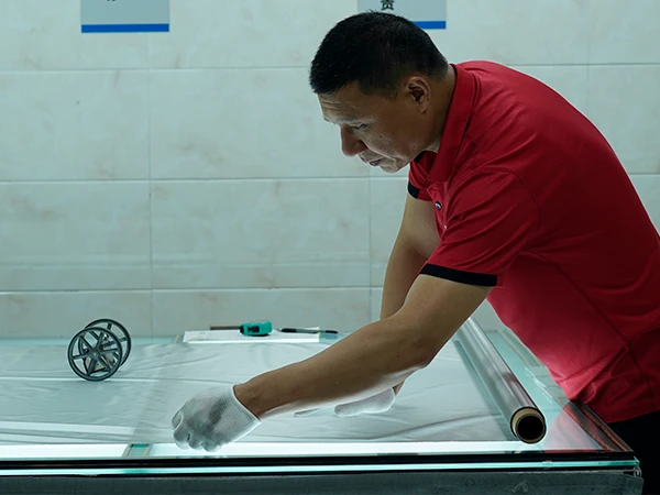 A worker is checking the length of the woven mesh.