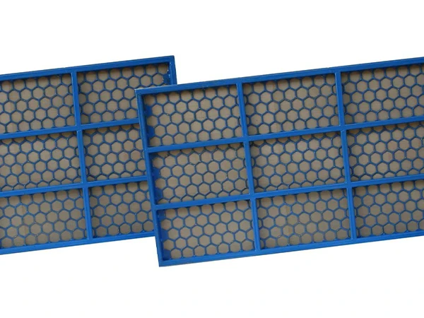 2 blue shale shaker screens are placed together.