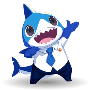 A blue shark Jiajia is smiling while raising its fin.