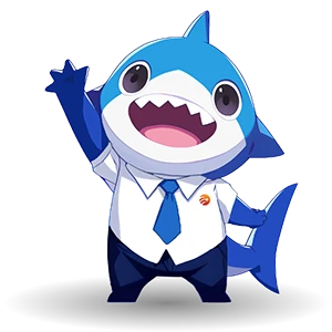 A blue shark mascot Jiajia is smiling and waving his hand.