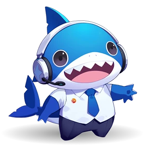 A blue shark Jiajia wearing a headset is smiling and waving.